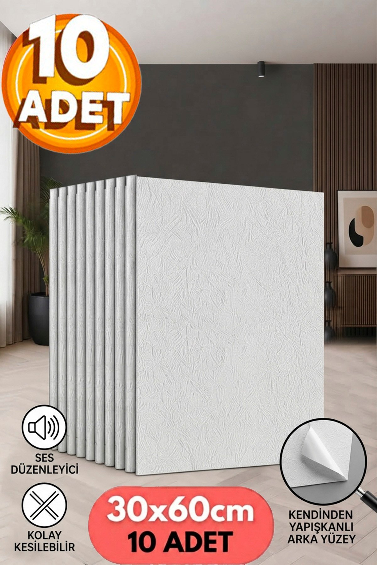 10 Adet, Yüksek Kalite Kabartmalı Dokulu Beyaz Renk Gerçek Sıva Hissi Modern Beton Görünüm Desenli Pvc Mat Panel Kendinden Yapışkanlı Duvar Kaplaması Mat-1001, 30x60 CM 
