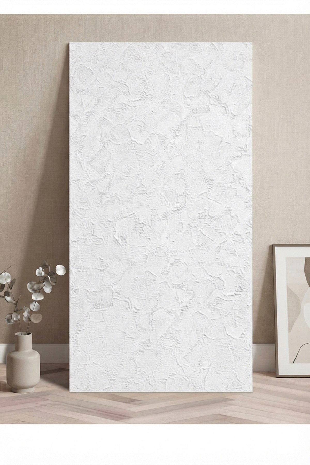 10 Adet, Yüksek Kalite Kabartmalı Dokulu Beyaz Renk Gerçek Sıva Hissi Modern Beton Görünüm Desenli Pvc Mat Panel Kendinden Yapışkanlı Duvar Kaplaması Mat-1001, 30x60 CM 
