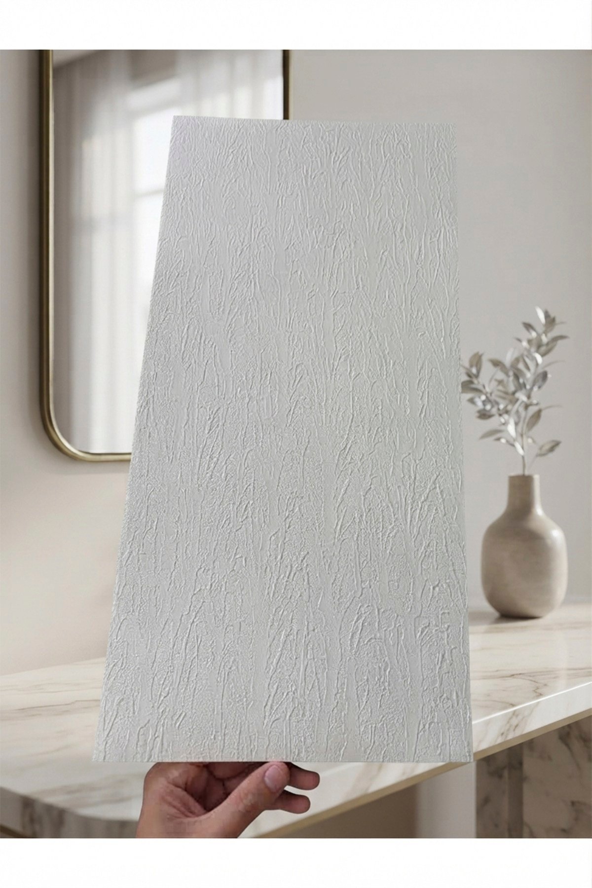 10 Adet, Yüksek Kalite Kabartmalı Dokulu Beyaz Renk Gerçek Sıva Hissi Modern Beton Görünüm Desenli Pvc Mat Panel Kendinden Yapışkanlı Duvar Kaplaması Mat-1201, 30x60 CM 