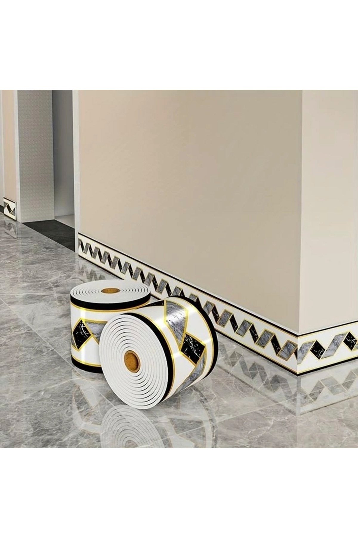 10x500 cm Beyaz Gold Gri Siyah Renkler Rulo Halinde Ek Yersiz Tek Parça XPE Bordür Şerit Kendinden Yapışkanlı Köpük Duvar Kaplaması-DW231