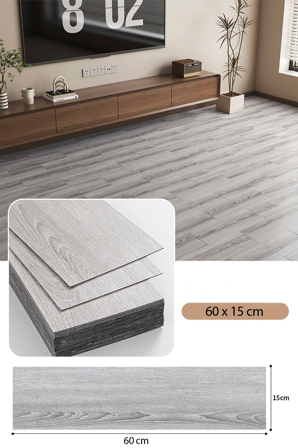 11 Adet, 60x15 Cm 1 m² Açık Gri Meşe, Gri-Bej Tonlarında Esnek Yıkanabilir Kesilebilir Silinebilir Zemin Duvar Parke Yer Döşemesi Kendinden Yapışkanlı PVC Zemin Kaplaması -Z003