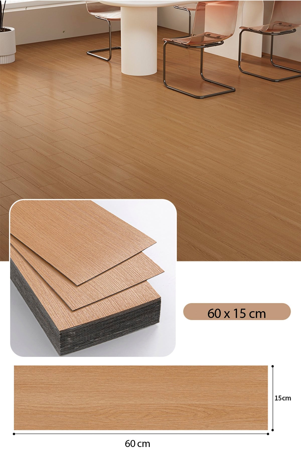 11 Adet, 60x15 Cm 1 m² Açık Kahverengi Tonlarında Esnek Yıkanabilir Kesilebilir Silinebilir Zemin Duvar Parke Yer Döşemesi Kendinden Yapışkanlı PVC Zemin Kaplaması -Z010