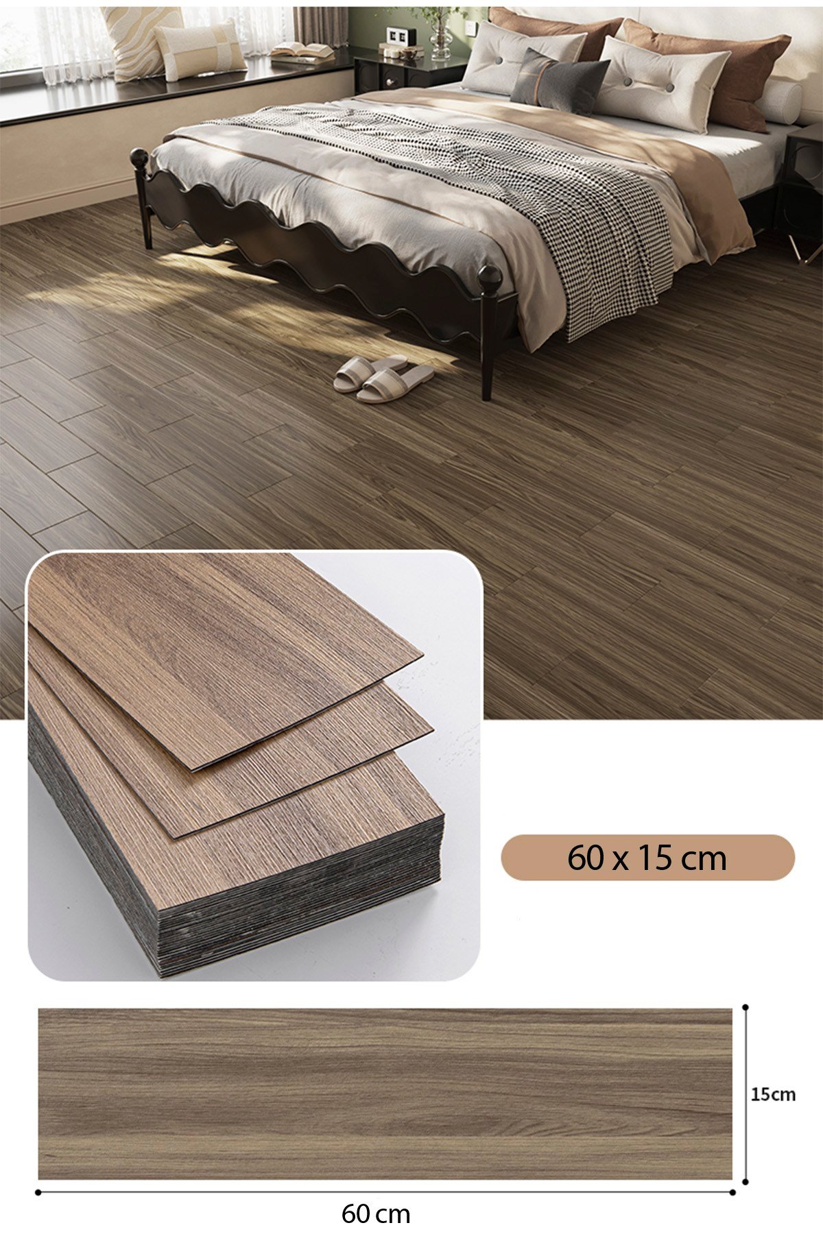 11 Adet, 60x15 Cm 1 m² Doğal Ceviz Tonlarında Esnek Yıkanabilir Kesilebilir Silinebilir Zemin Duvar Parke Yer Döşemesi Kendinden Yapışkanlı PVC Zemin Kaplaması -Z011