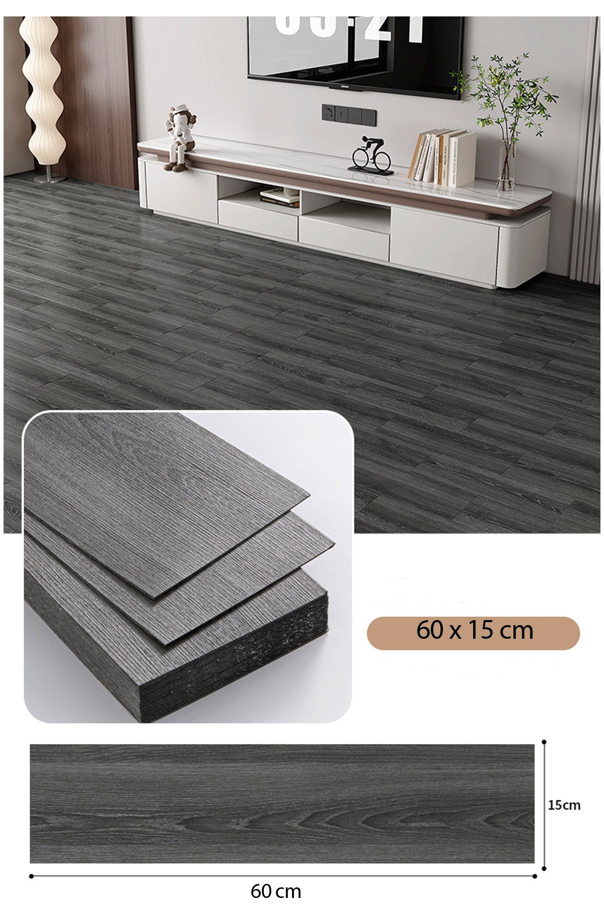 11 Adet, 60x15 Cm 1 m² Koyu Gri Tonlarında Esnek Yıkanabilir Kesilebilir Silinebilir Zemin Duvar Parke Yer Döşemesi Kendinden Yapışkanlı PVC Zemin Kaplaması -Z005