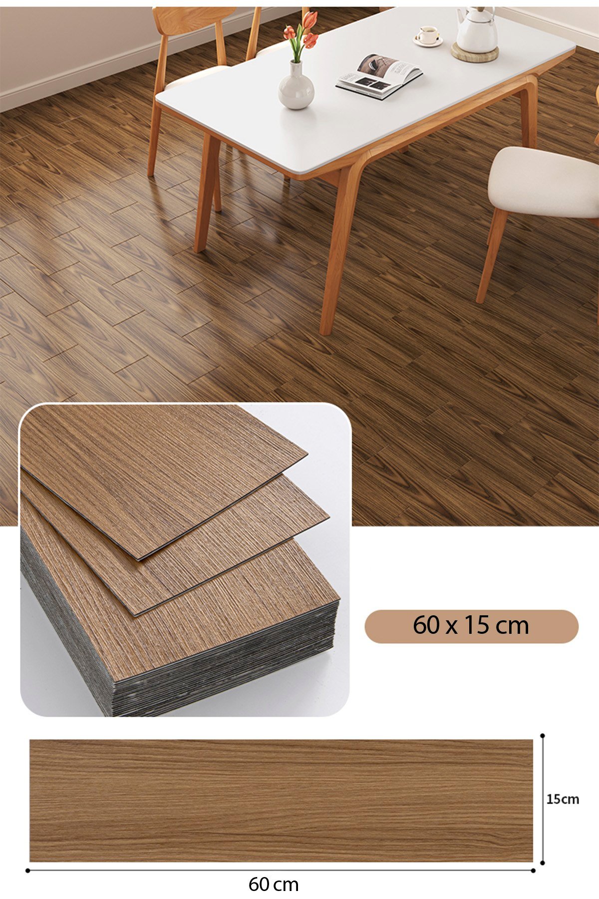 11 Adet, 60x15 Cm 1 m² Orta Kahverengi Tonlarında Esnek Yıkanabilir Kesilebilir Silinebilir Zemin Duvar Parke Yer Döşemesi Kendinden Yapışkanlı PVC Zemin Kaplaması -Z014