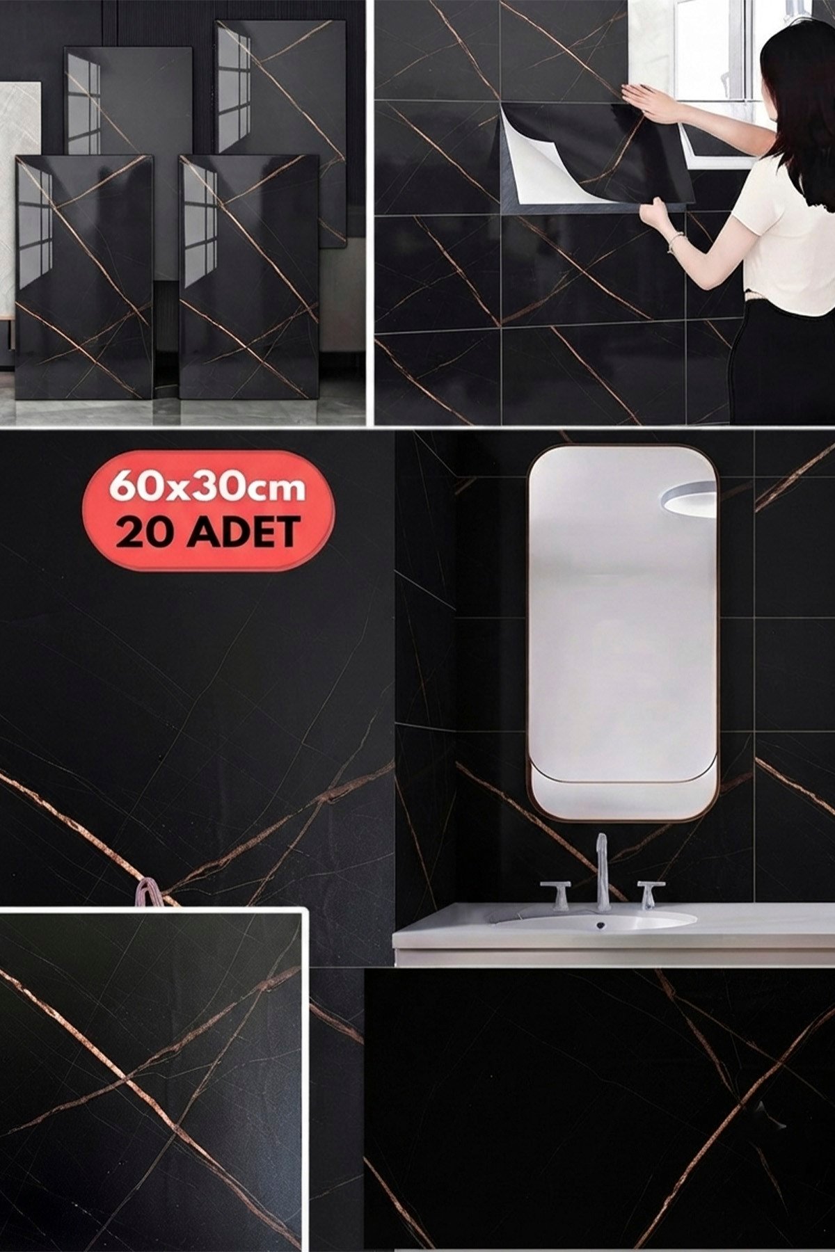 20 Parça Mat Siyah Seramik Fayans Mermer Duvar Kendinden Yapışkanlı Ev Dekorasyonu Banyo Yalıtım Zemin