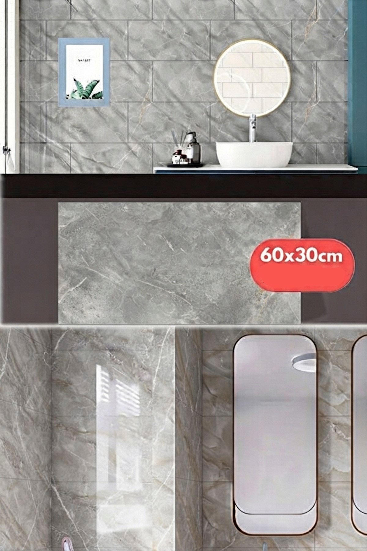 30x60 Cm Lüx Gri Mermer Desenli Kendinden Yapışkanlı Seramik Köpük Banyo PVC Duvar Paneli-M090