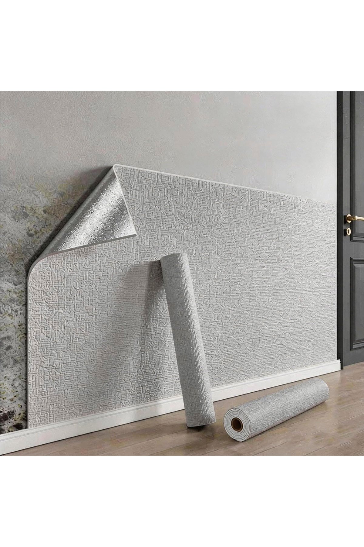 50x280cm Gri Renk Tek Rulo Halinde Kendinden Yapışkanlı Ek Yersiz Tek Parça XPE Isı Ses Yalıtım Dokulu Köpük Duvar Kağıdı-R281