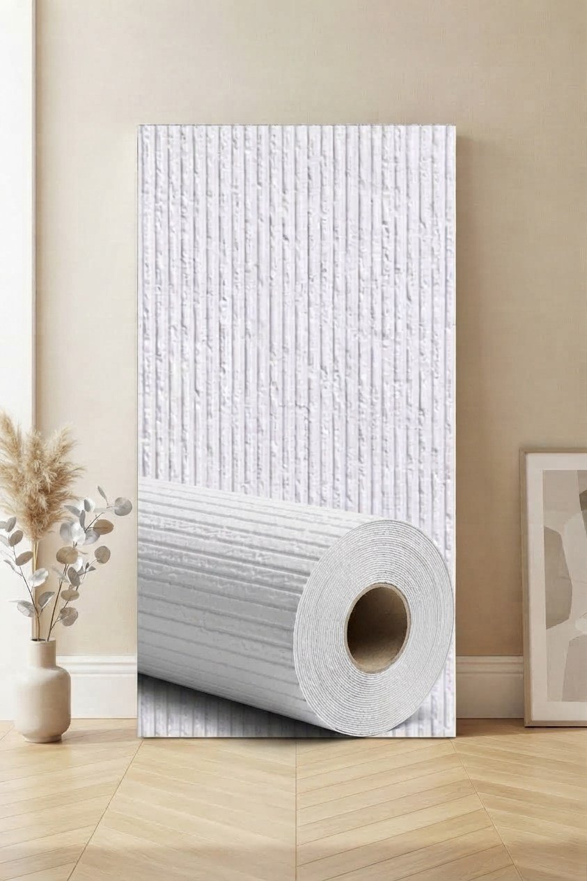 60x280 cm Kabartmalı Dokulu Beyaz Renk Tek Rulo Halinde Ek Yersiz Tek Parça XPE Isı Ses Yalıtım Kendinden Yapışkanlı Kendinden Desenli Dokulu Köpük Duvar Kağıdı-R-4001