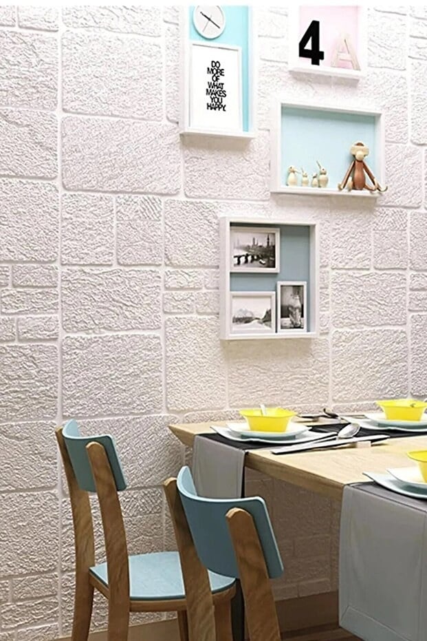 70x70 cm 0,50M² Beyaz 3d Dekoratif Kendinden Yapışkanlı Alaçatı Taş Ev Tuğla Kesme Tuğla Estetik Duvar Paneli Köpük -3108