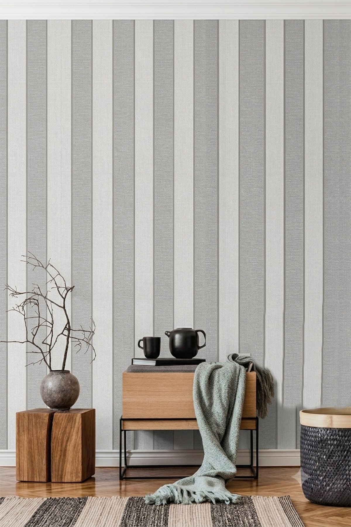 Bien Duvar Kağıtları 5353 Popüler Soft Gri Krem Kalın Çizgili Lüx Duvar Kağıdı 5,30 M²