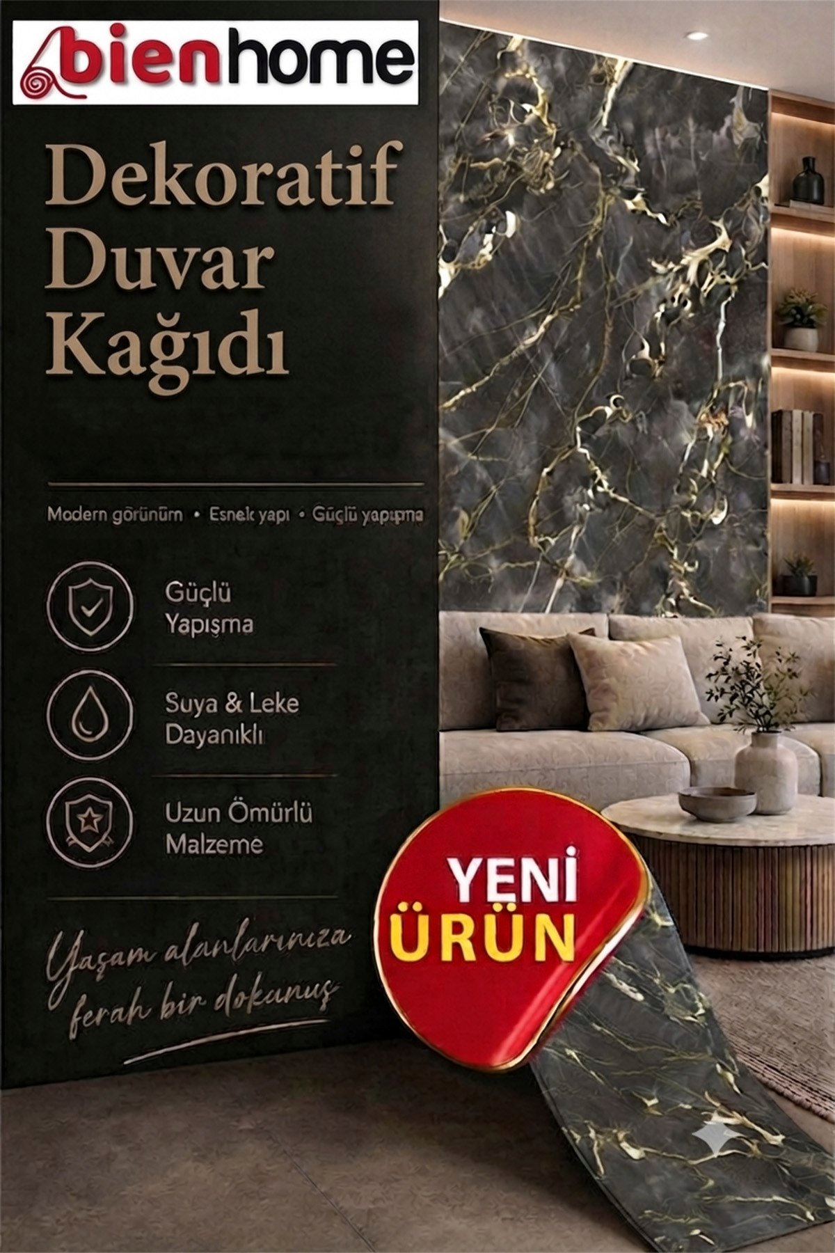 Bien Exclusive 2048 Yeni Gold Damarlı Kahve Mermer Desen Premium Duvar Kağıdı 5 M²