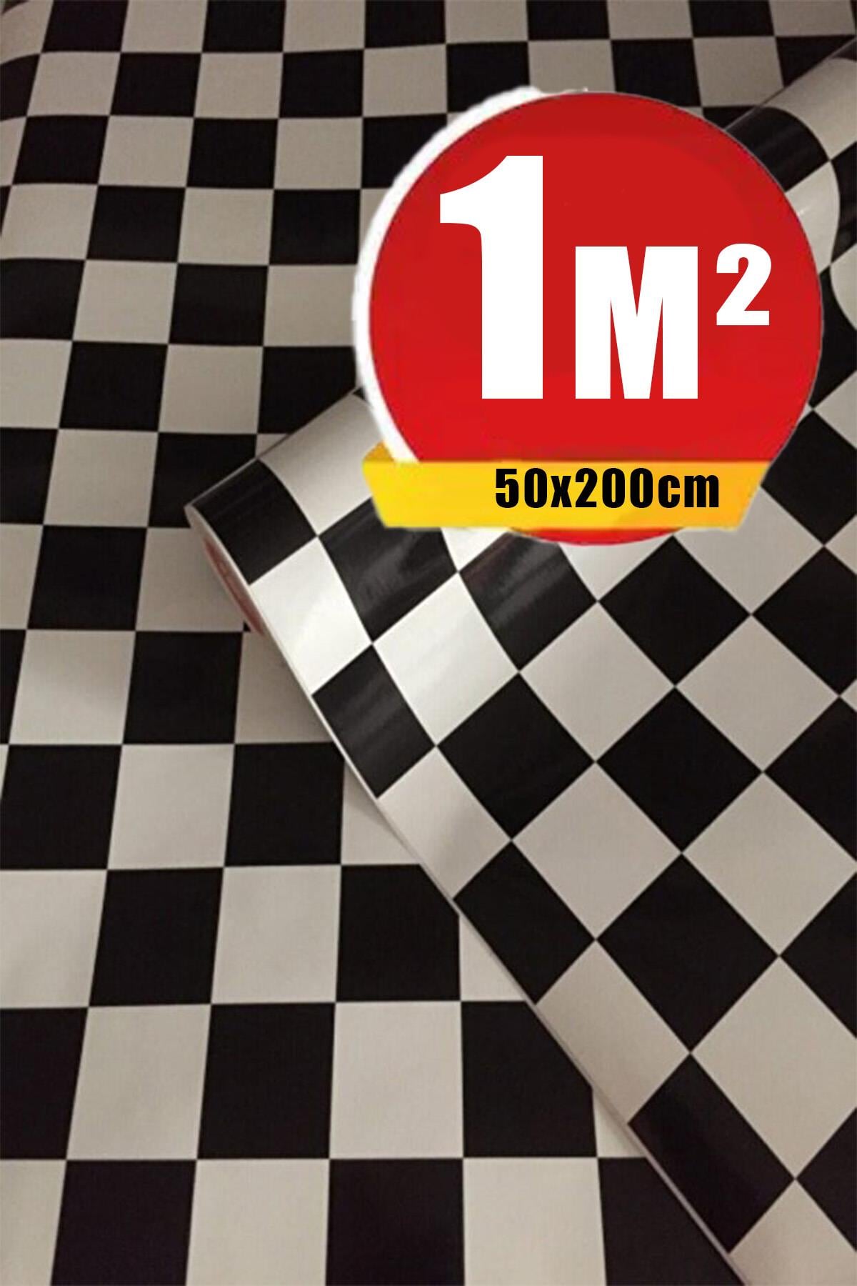 Bien Exclusive (50CM X 2MT), 1 M² Cm Siyah Beyaz Kare Dama Yapışkanlı Kaplama Pvc Folyo F-08
