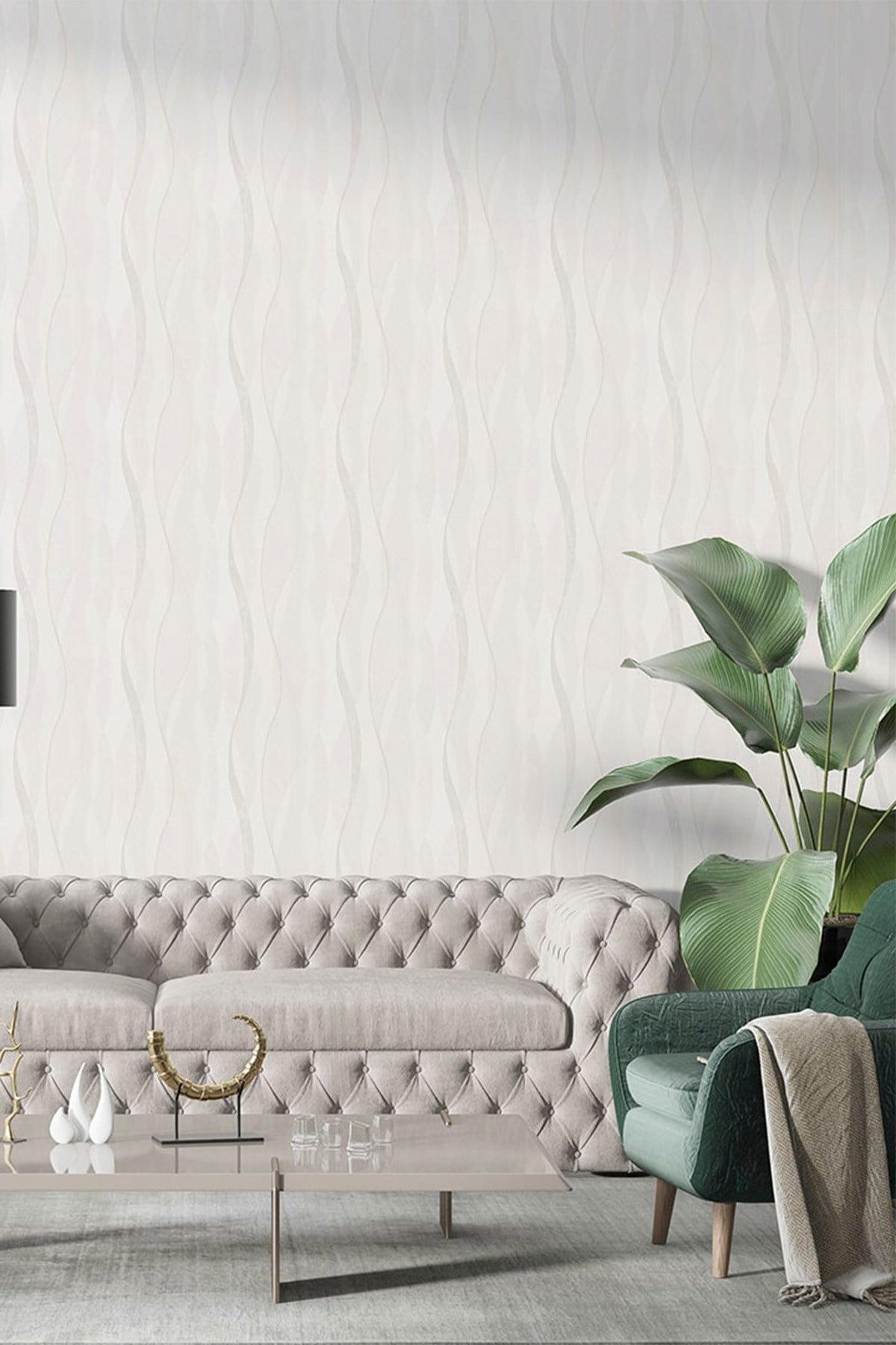 Bien Exclusive New Age 7082 Beyaz Gri Kalın Çizgili Dalgalı Desenli Duvar Kağıdı 5 M²