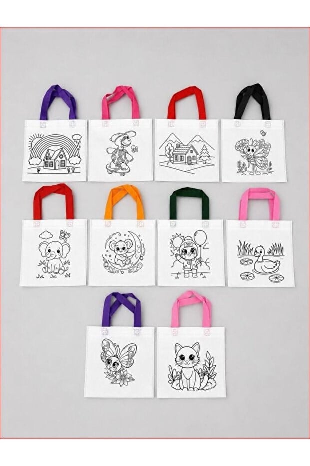 BienHome Çocuklar İçin Eğlenceli Boyama Çantası, Boyama Bez Çanta, Tote Bag, Eğitici, Ekonomik 10'lu Paket