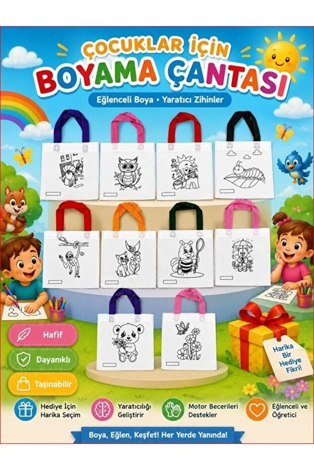 BienHome Çocuklar İçin Eğlenceli Boyama Çantası, Boyama Bez Çanta, Tote Bag, Eğitici, Ekonomik 10'lu Paket