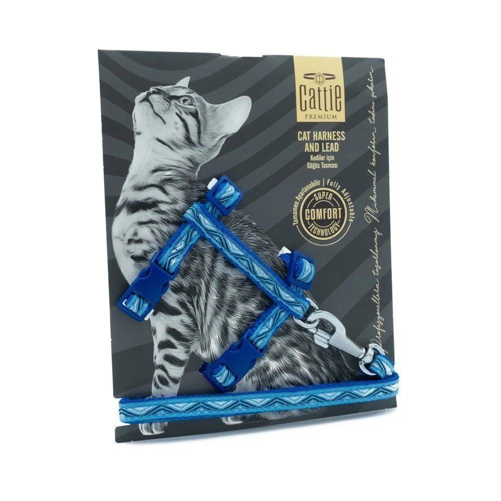 Cattie Özel Desenli Dokumadan El Yapımı Kedi Göğüs & Gezdirme Takımı Royal Blue