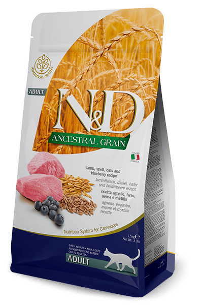 N&D ANCESTRAL GRAIN Kuzu, kılçıksız buğday, yulaf ve yaban mersini. Yetişkin kediler için formüle edilmiş tam mamadır. 1.5kg