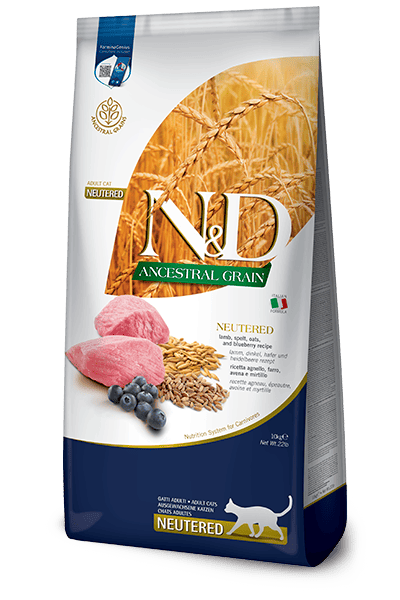 N&D ANCESTRAL GRAIN Kuzu, kılçıksız buğday, yulaf ve yaban mersini. Yetişkin kısırlaştırılmış kediler için formüle edilmiş tam mamadır. 10kg