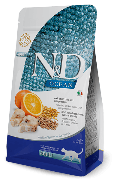 N&D OCEAN Morina balığı, kılçıksız buğday, yulaf ve portakal. Yetişkin kediler için formüle edilmiş tam mamadır.1.5kg