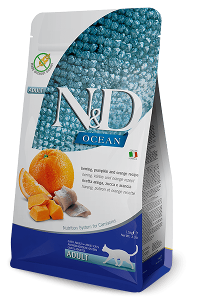 N&D OCEAN Ringa balığı, balkabağı ve portakal. Yetişkin kediler için formüle edilmiş tam mamadır.1.5kg