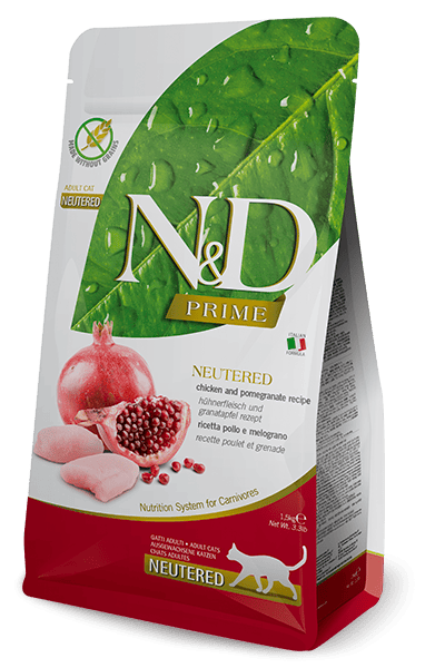 N&D PRIME Tavuk ve nar. Kısırlaştırılmış yetişkin kediler için formüle edilmiş tam mamadır. 1.5kg