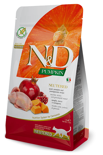 N&D PUMPKIN Bıldırcın, bal kabağı ve nar. Yetişkin kısırlaştırılmış kediler için formüle edilmiş tam mamadır. 1.5kg