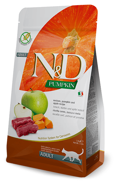 N&D PUMPKIN Geyik, balkabağı ve elma. Yetişkin kediler için tam mamadır. 1.5kg