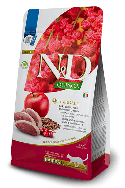 N&D QUINOA HAIRBALL - Ördek eti, kinoa, elma ve kızılcık ile hazırlanan mama. N&D Quinoa Hairball, tüy yumaklarını kusmada sorun yaşayan kediler için hazırlanan tam mamadır 1.5kg
