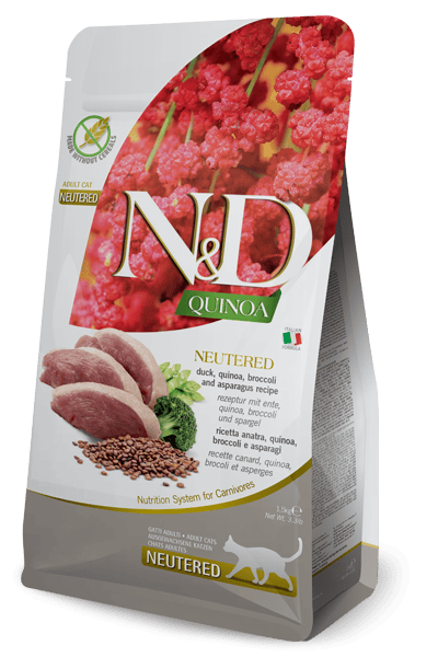 N&D Quinoa Neutered, Ördek, kinoa, brokoli ve kuşkonmaz. Yetişkin kısırlaştırılmış kediler için tam bir mamadır.