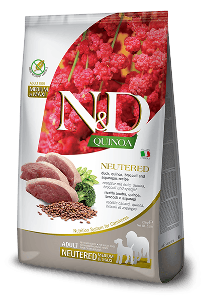 N&D QUINOA Ördek, kinoa, brokoli ve kuşkonmaz. N&D Quinoa Neutered kısırlaştırılmış yetişkin köpekler için diyetetik tam mamadır.  2.5kg