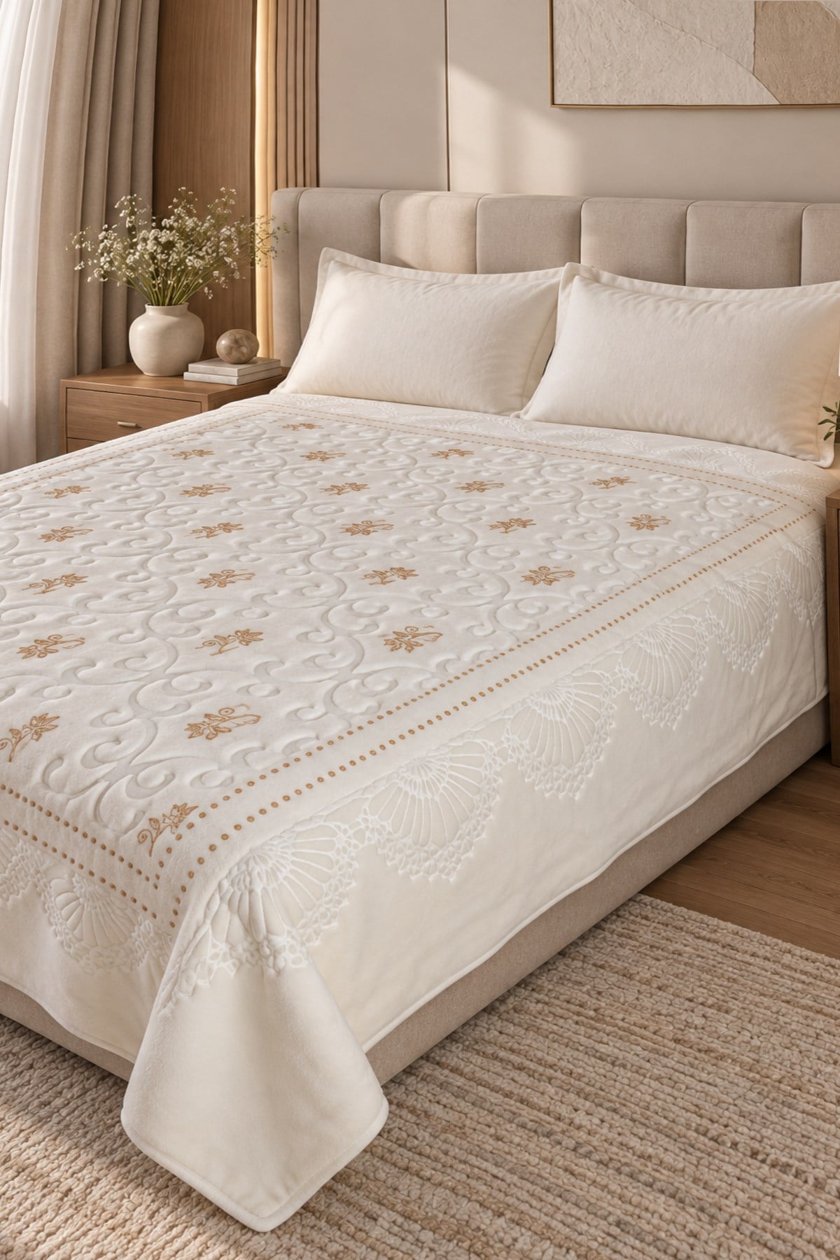  Pırıltı Çift Kişilik Battaniye Kemik-Gold(Simli)  220x240