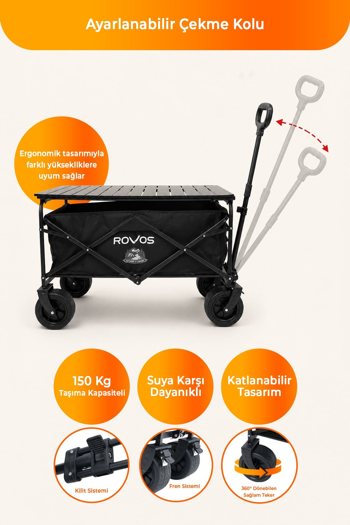  Rovos Taşınabilir Masalı Kamp Arabası Katlanabilir Portatif Pazar Piknik Vagon Market Bahçe Arabası