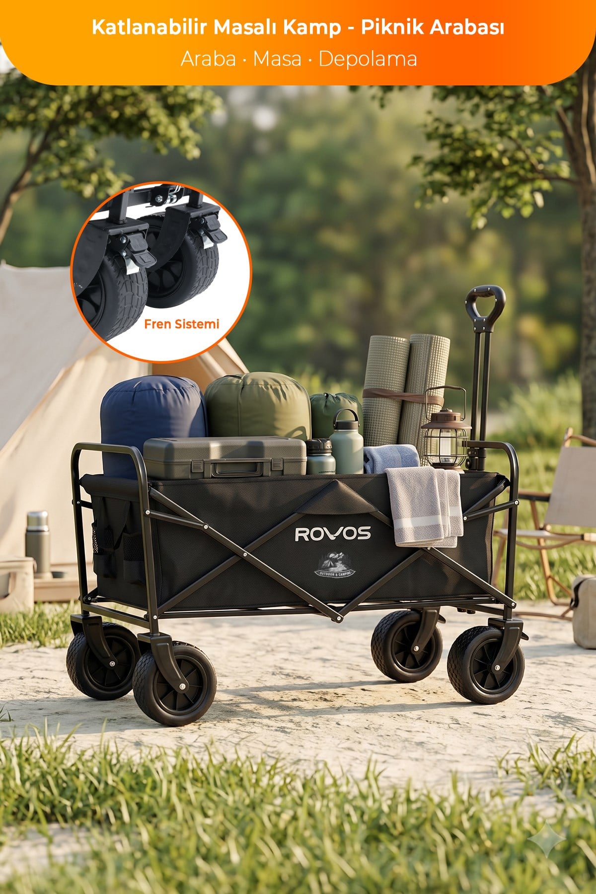  Rovos Taşınabilir Masalı Kamp Arabası Katlanabilir Portatif Pazar Piknik Vagon Market Bahçe Arabası