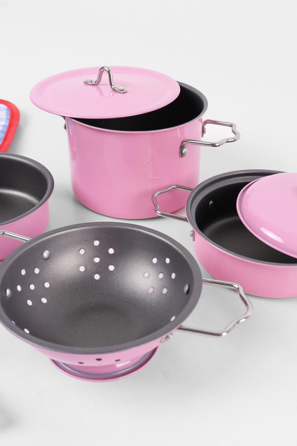 11 Parça Emaye Tencere Tava Set Pembe, Oyuncak Tencere Tava Seti