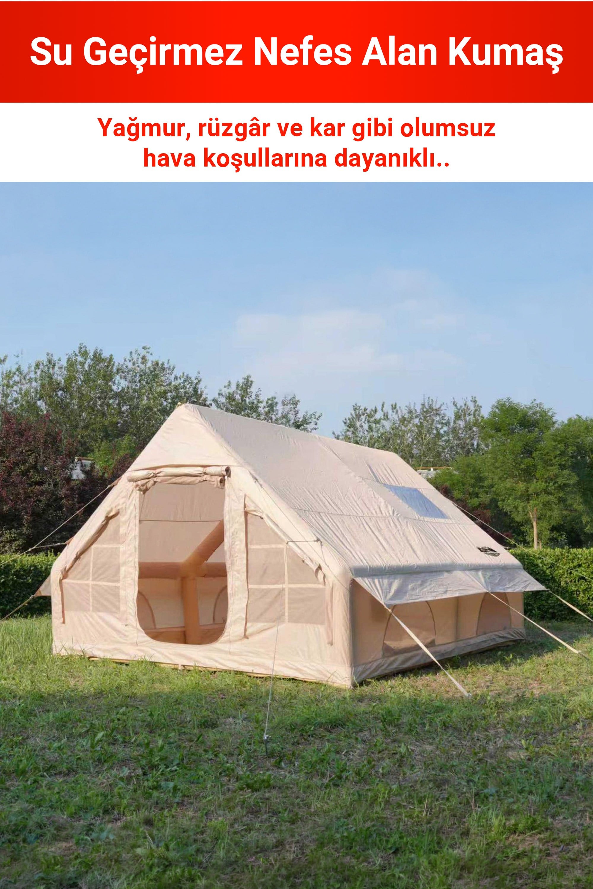 12 Kişilik 2 Oda 1 Salon 4 Mevsim Tenteli Şişme Çadır – Su Geçirmez Oxford Kumaş – Bacalı – Sineklikli Şeffaf Pencereli