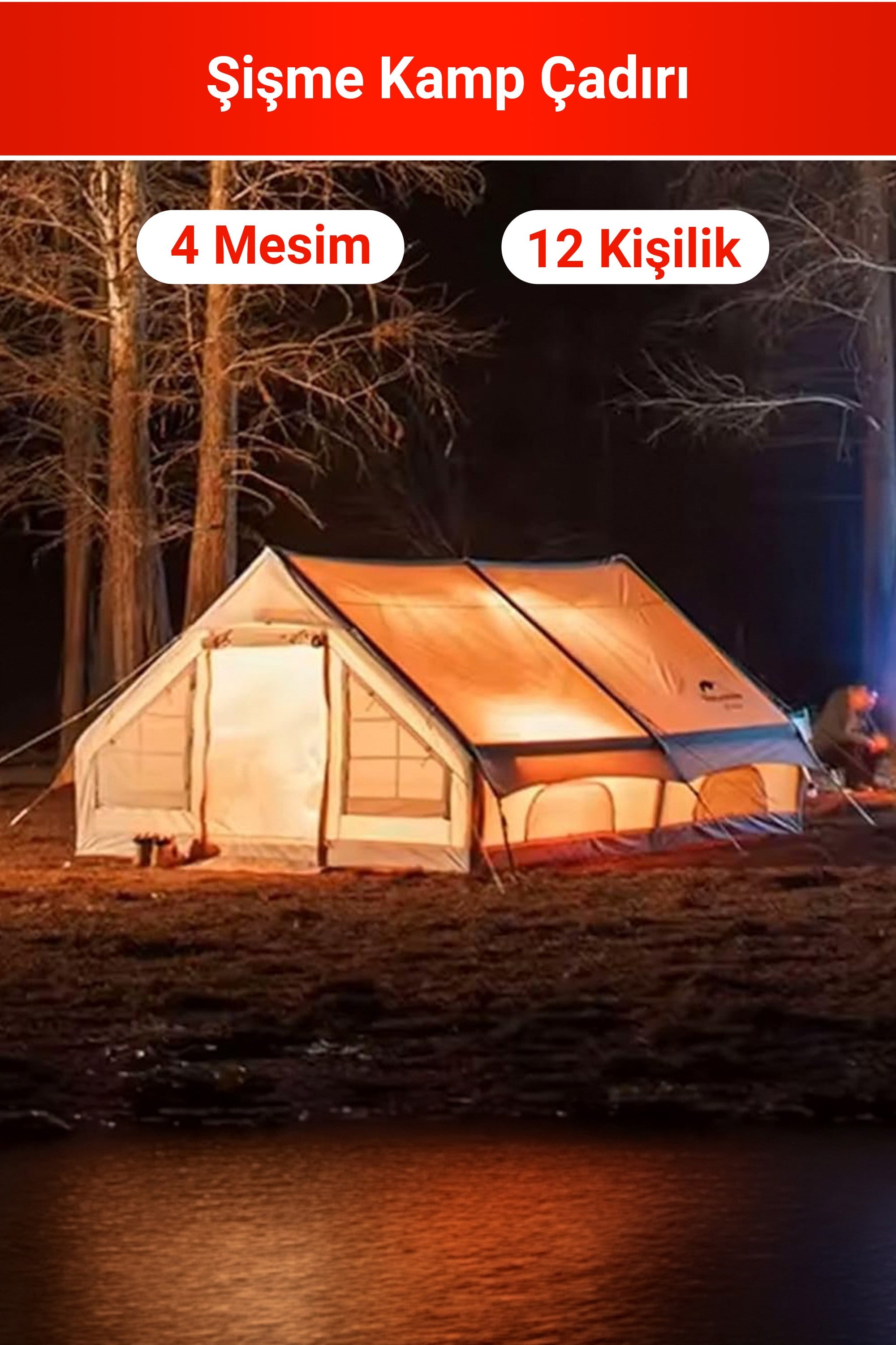 12 Kişilik 2 Oda 1 Salon 4 Mevsim Tenteli Şişme Çadır – Su Geçirmez Oxford Kumaş – Bacalı – Sineklikli Şeffaf Pencereli
