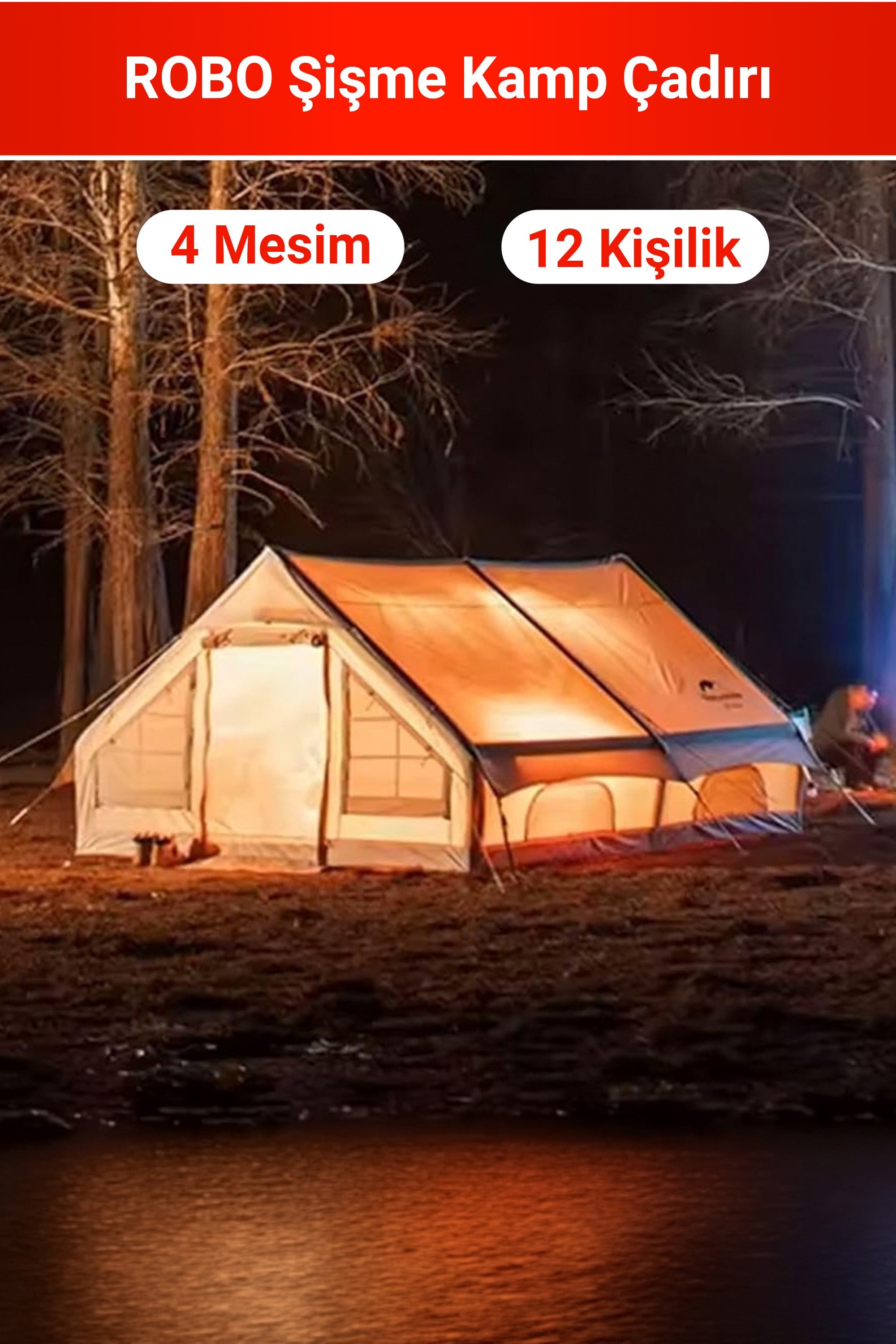 12 Kişilik 2 Oda 1 Salon 4 Mevsim Tenteli Şişme Çadır – Su Geçirmez Oxford Kumaş – Bacalı – Sineklikli Şeffaf Pencereli