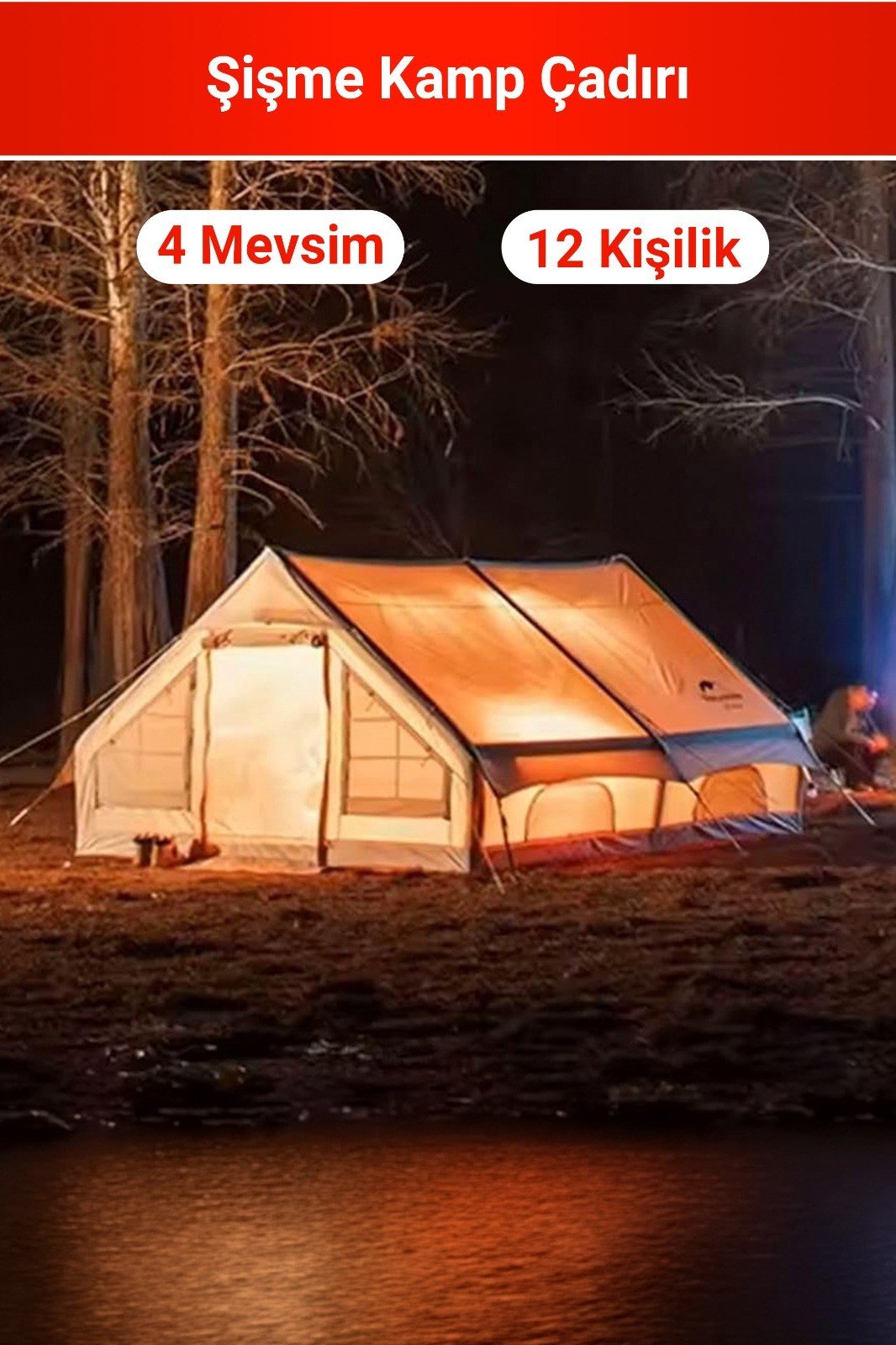12 Kişilik 4 Mevsim Şişme Kamp Çadır Tenteli Su Geçirmez Oxford Kumaş Bacalı Sineklikli Pencereli 12 m²