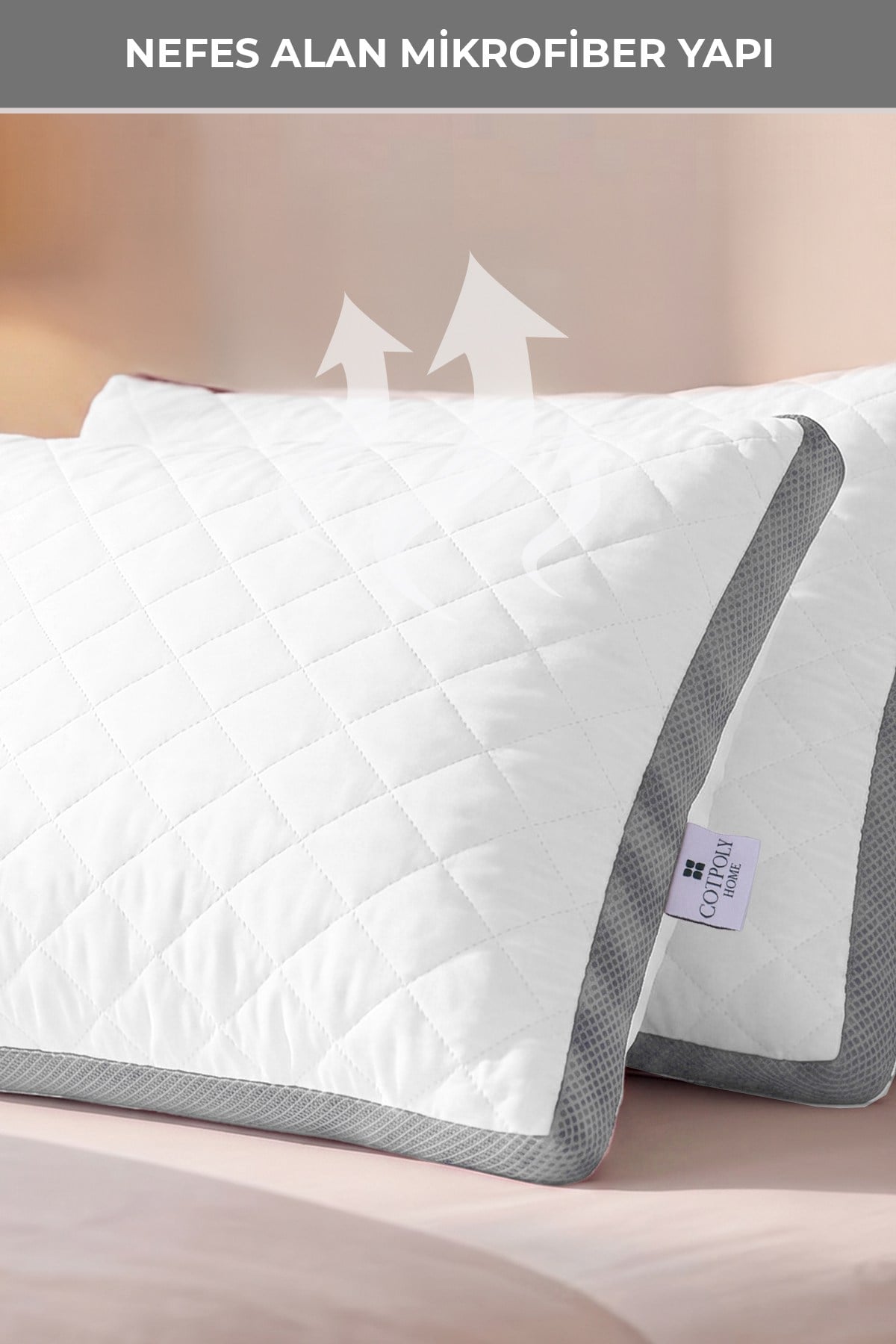 2'li Klimalı Yastık 50x70 cm – Terletmeyen, Hava Alan Mikrofiber Uyku Yastığı GRİ