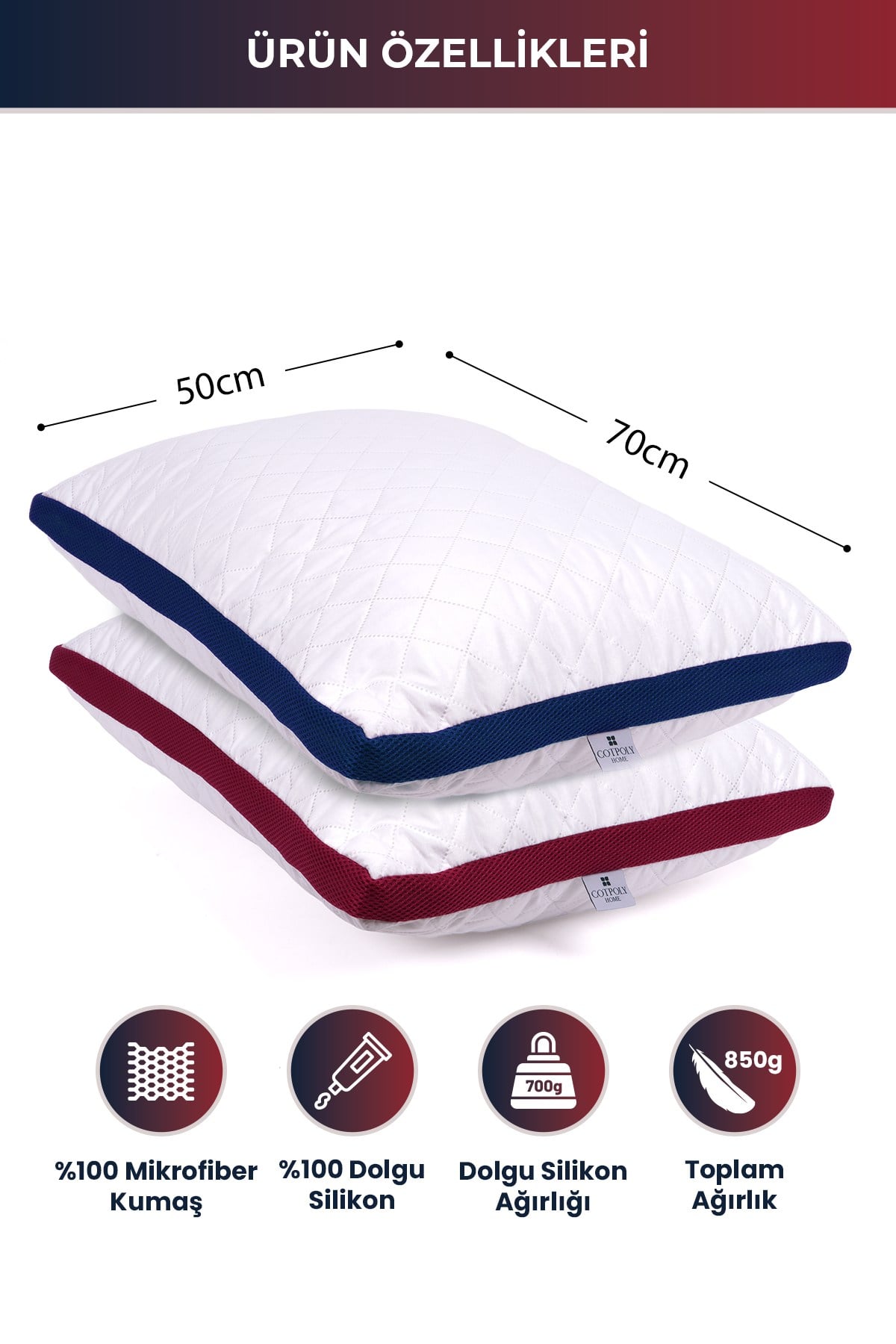 2'li Klimalı Yastık 50x70 cm – Terletmeyen, Hava Alan Mikrofiber Uyku Yastığı Bordo-Lacivert