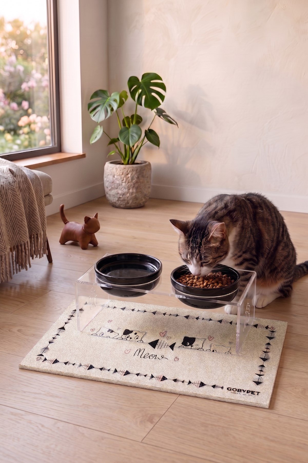 2'li Seramik Dekoratif Kedi Ve Köpek Pleksi Mama & Su Kabı Paspas