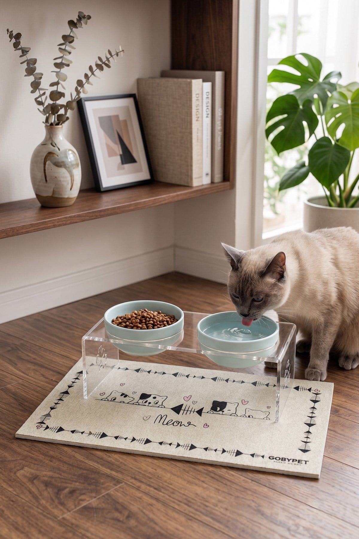 2'li Seramik Dekoratif Kedi Ve Köpek Pleksi Mama & Su Kabı Paspas