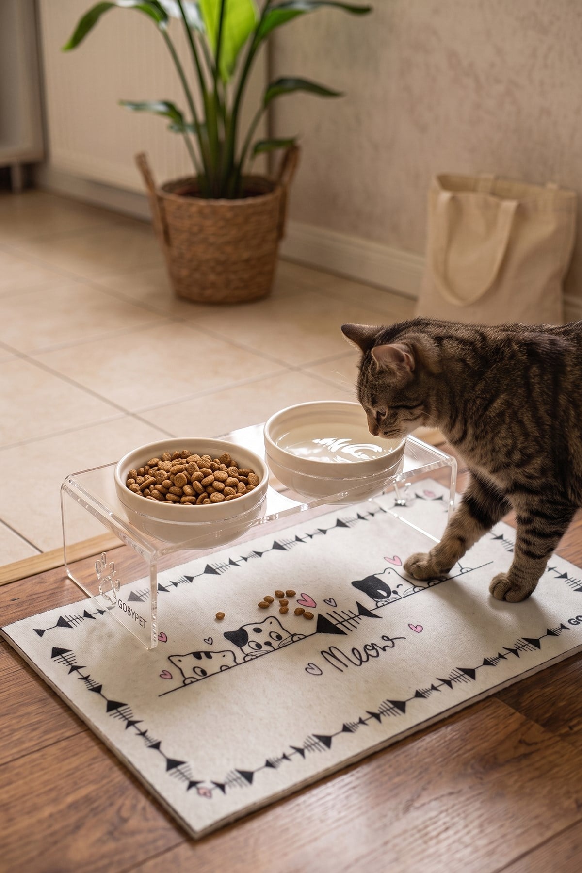 2'li Seramik Dekoratif Kedi Ve Köpek Pleksi Mama & Su Kabı Paspas