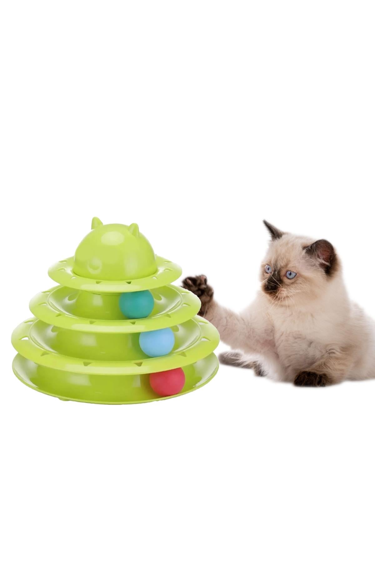 3 Katlı Toplu Yuvarlak Kedi Oyuncağı, Sarma Topu, Yeşil Toplu Yuvarlak Kedi Oyuncağı Kedi Eğlencesi