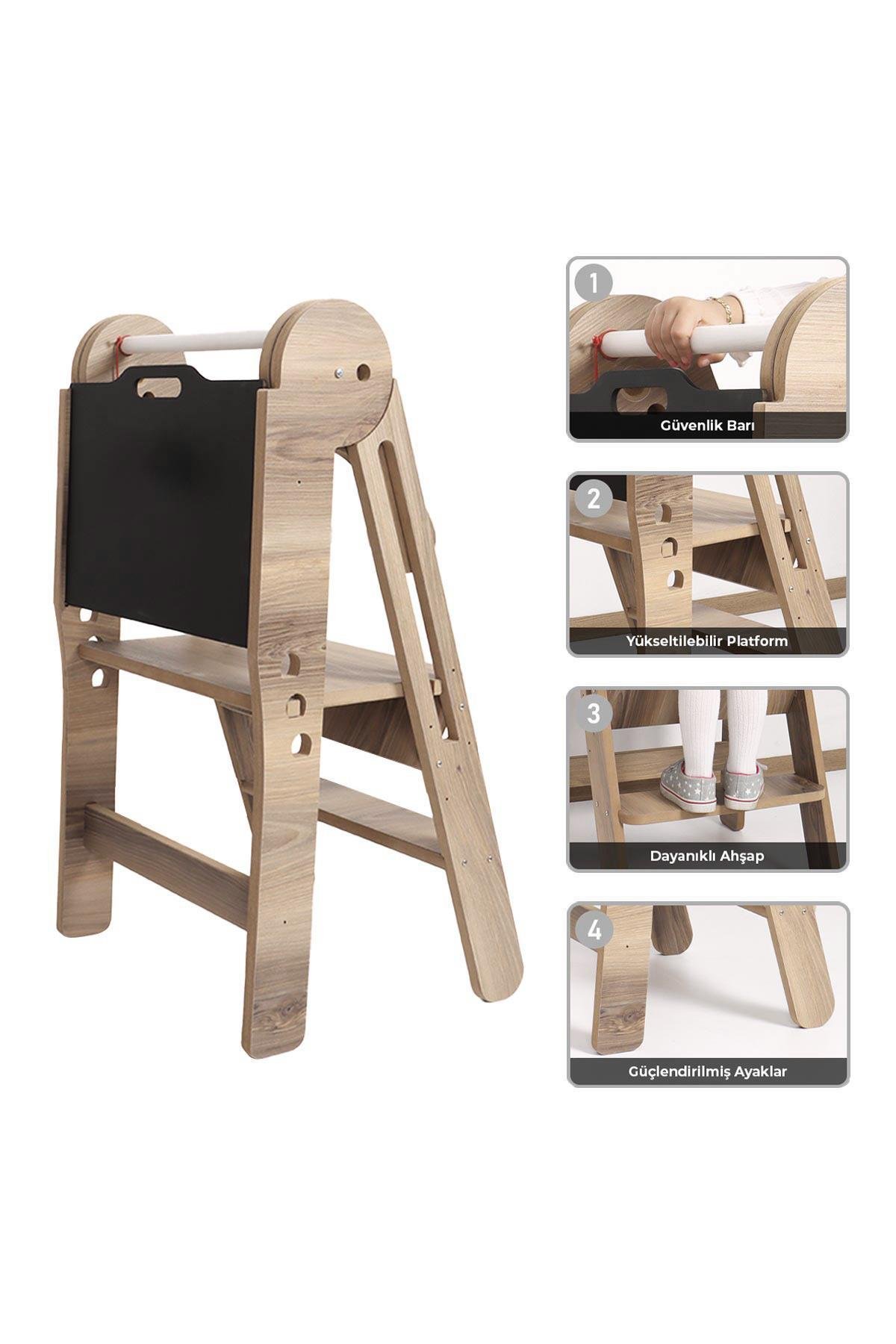 Ahşap Ayarlanabilir ve Katlanabilir Öğrenme Kulesi MDF Kahverengi T3009