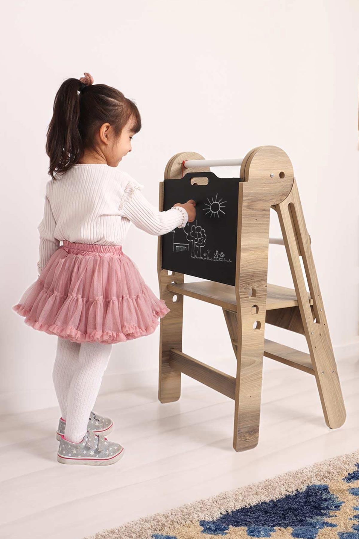 Ahşap Ayarlanabilir ve Katlanabilir Öğrenme Kulesi MDF Kahverengi T3009