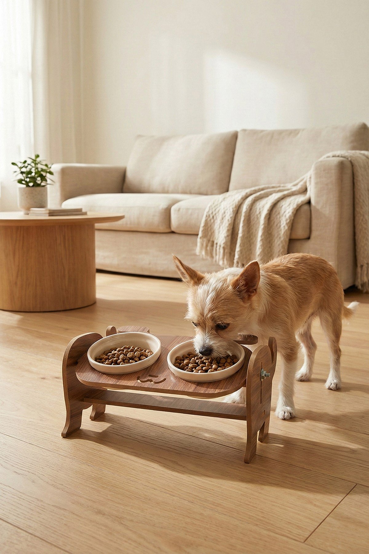 Ahşap Köpek Mama Seramik Su Kabı Standı,Köpekli Mama Kabı, Hediye Kedi- Köpek Halısı