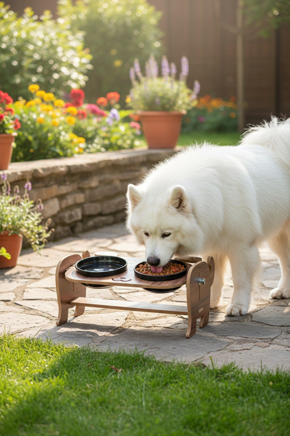 Ahşap Köpek Mama Seramik Su Kabı Standı,Köpekli Mama Kabı, Hediye Kedi- Köpek Halısı