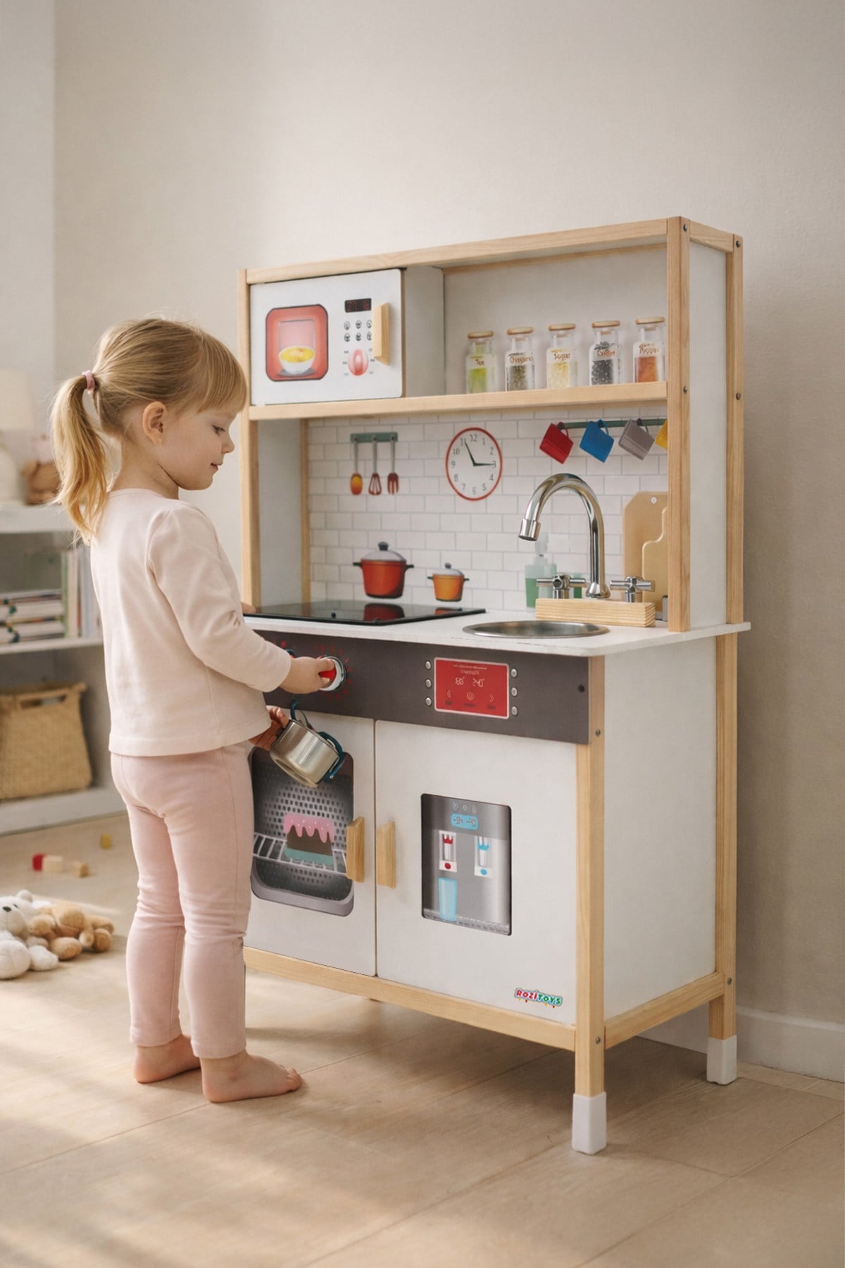 Ahşap Oyuncak Mutfak Montessori Mutfak, Led Ocaklı Çocuk Mutfağı, Hediye Halı DBK101
